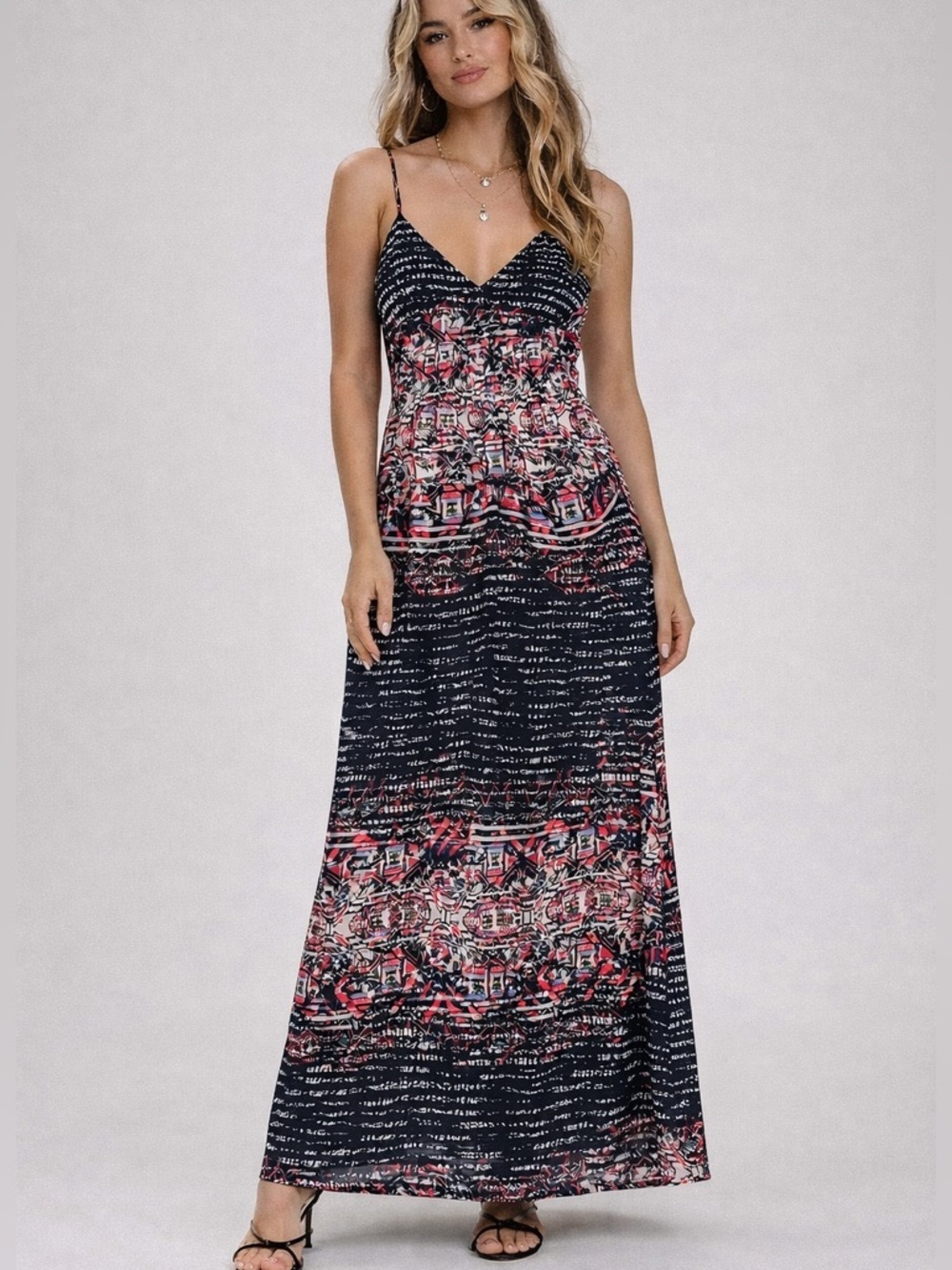 Parker Printed Maxi Dress M Black Red Geometric Sleeveless Boho Resort